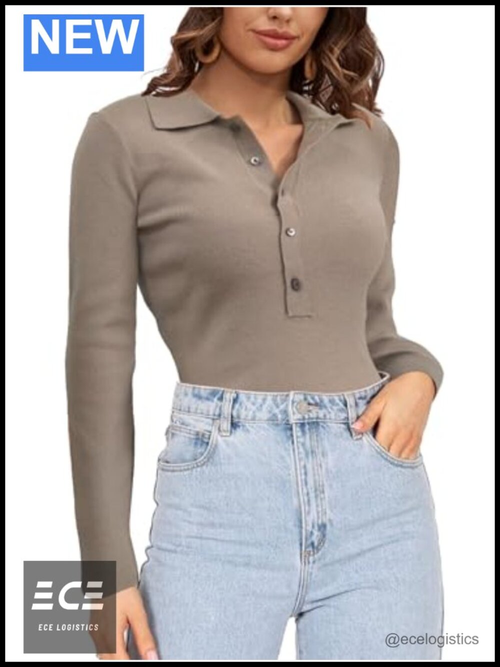 Long Sleeve V Neck Button Polo Sweater Slim Fitted Stretch Knit Top